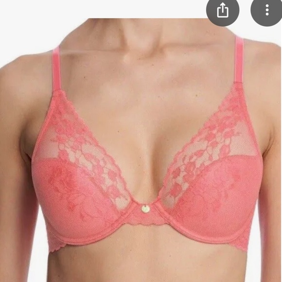 Natori 36DDD Cherry Blossom Peach Rose Pink Lace Plunge Bra - Picture 1 of 9